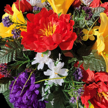 Load image into Gallery viewer, This is a Headstone Saddle with Trumpet Lillies, Peonies, mums, and delphinium. It is a memorial arrangement for a funeral or cemetery.