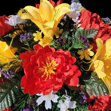 Load image into Gallery viewer, This is a Headstone Saddle with Trumpet Lillies, Peonies, mums, and delphinium. It is a memorial arrangement for a funeral or cemetery.