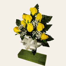 Load image into Gallery viewer, This cemetery cone arrangement has grave flowers including yellow ruffled rosebuds & baby's breath. It's a cemetery memorial decoration.