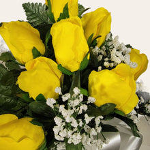 Load image into Gallery viewer, This cemetery cone arrangement has grave flowers including yellow ruffled rosebuds & baby's breath. It's a cemetery memorial decoration.
