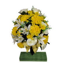 Load image into Gallery viewer, This 360-degree Rose, Mum, and Lily cemetery cone has yellow roses, mums, and lilies. This is a beautiful spring memorial decoration.