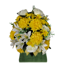 Load image into Gallery viewer, This 360-degree Rose, Mum, and Lily cemetery cone has yellow roses, mums, and lilies. This is a beautiful spring memorial decoration.