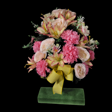 Load image into Gallery viewer, This 360-degree Rose, Mum, and Lily cemetery cone has pink roses, mums, and lilies. This is a beautiful spring memorial decoration.