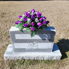 Load image into Gallery viewer, Headstone saddle with purple rosebud grave flowers. It is a funeral, cemetery, or memorial decoration.