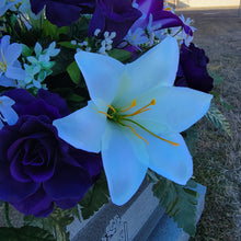 Load image into Gallery viewer, Headstone Saddle with purple & white trumpet lilies and purple roses. It is a grave flower cemetery, funeral, or memorial decoration.