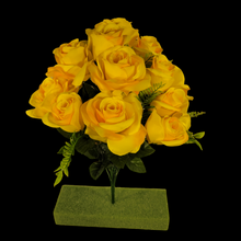 Load image into Gallery viewer, Artificial Flowering Bush 21" Tall Yellow Rose Bush with 12 Blooms and silk fern greenery. For memorial, craft supply, home decor, and more!