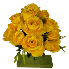 Load image into Gallery viewer, Artificial Flowering Bush 21" Tall Yellow Rose Bush with 12 Blooms and silk fern greenery. For memorial, craft supply, home decor, and more!