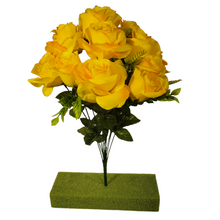 Load image into Gallery viewer, Artificial Flowering Bush 21" Tall Yellow Rose Bush with 12 Blooms and silk fern greenery. For memorial, craft supply, home decor, and more!