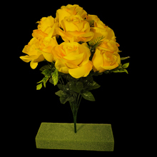 Load image into Gallery viewer, Artificial Flowering Bush 21" Tall Yellow Rose Bush with 12 Blooms and silk fern greenery. For memorial, craft supply, home decor, and more!