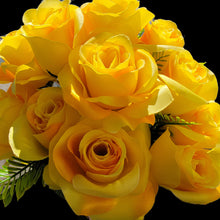 Load image into Gallery viewer, Artificial Flowering Bush 21" Tall Yellow Rose Bush with 12 Blooms and silk fern greenery. For memorial, craft supply, home decor, and more!