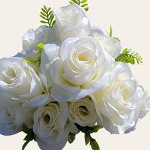 Load image into Gallery viewer, Artificial Flowering Bush 21" Tall Cream Rose Bush with 12 Blooms and silk fern greenery. For memorial, craft supply, home decor, and more!