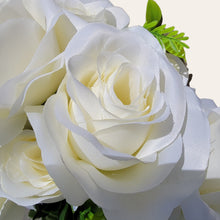 Load image into Gallery viewer, Artificial Flowering Bush 21" Tall Cream Rose Bush with 12 Blooms and silk fern greenery. For memorial, craft supply, home decor, and more!