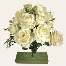 Load image into Gallery viewer, Artificial Flowering Bush 21" Tall Cream Rose Bush with 12 Blooms and silk fern greenery. For memorial, craft supply, home decor, and more!