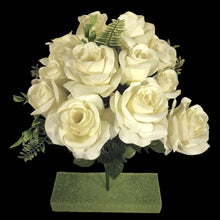 Load image into Gallery viewer, Artificial Flowering Bush 21" Tall Cream Rose Bush with 12 Blooms and silk fern greenery. For memorial, craft supply, home decor, and more!