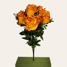 Load image into Gallery viewer, Artificial Flowering Bush 21" Tall Orange Rose Bush with 12 Blooms and silk fern greenery. For memorial, craft supply, home decor, and more!