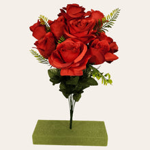 Load image into Gallery viewer, Artificial Flowering Bush 21" Tall Red Rose Bush with 12 Blooms and silk fern greenery. For memorial, craft supply, home decor, and more!