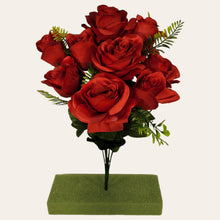 Load image into Gallery viewer, Artificial Flowering Bush 21" Tall Red Rose Bush with 12 Blooms and silk fern greenery. For memorial, craft supply, home decor, and more!