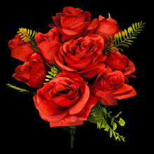 Load image into Gallery viewer, Artificial Flowering Bush 21" Tall Red Rose Bush with 12 Blooms and silk fern greenery. For memorial, craft supply, home decor, and more!