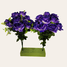 Load image into Gallery viewer, 2 Artificial Flowering Bushes 21" Tall Purple Rose Bush with 12 Blooms and greenery. For memorial, craft supply, home decor, and more!