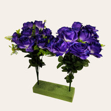 Load image into Gallery viewer, 2 Artificial Flowering Bushes 21" Tall Purple Rose Bush with 12 Blooms and greenery. For memorial, craft supply, home decor, and more!