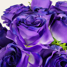 Load image into Gallery viewer, Artificial Flowering Bush 21" Tall Purple Rose Bush with 12 Blooms and silk fern greenery. For memorial, craft supply, home decor, and more!