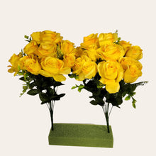 Load image into Gallery viewer, 2 Artificial Flowering Bushes 21" Tall Yellow Rose Bush with 12 Blooms and greenery. For memorial, craft supply, home decor, and more!