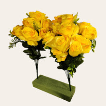 Load image into Gallery viewer, 2 Artificial Flowering Bushes 21" Tall Yellow Rose Bush with 12 Blooms and greenery. For memorial, craft supply, home decor, and more!
