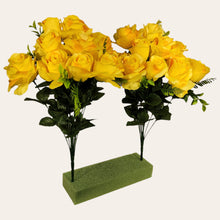 Load image into Gallery viewer, 2 Artificial Flowering Bushes 21" Tall Yellow Rose Bush with 12 Blooms and greenery. For memorial, craft supply, home decor, and more!