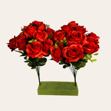 Load image into Gallery viewer, 2 Artificial Flowering Bushes 21" Tall Red Rose Bush with 12 Blooms and greenery. For memorial, craft supply, home decor, and more!