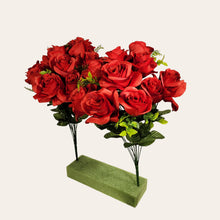 Load image into Gallery viewer, 2 Artificial Flowering Bushes 21" Tall Red Rose Bush with 12 Blooms and greenery. For memorial, craft supply, home decor, and more!