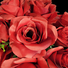 Load image into Gallery viewer, Artificial Flowering Bush 21" Tall Red Rose Bush with 12 Blooms and silk fern greenery. For memorial, craft supply, home decor, and more!