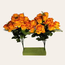 Load image into Gallery viewer, 2 Artificial Flowering Bushes 21" Tall Orange Rose Bush with 12 Blooms and greenery. For memorial, craft supply, home decor, and more!