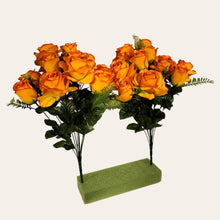 Load image into Gallery viewer, 2 Artificial Flowering Bushes 21" Tall Orange Rose Bush with 12 Blooms and greenery. For memorial, craft supply, home decor, and more!