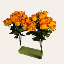 Load image into Gallery viewer, 2 Artificial Flowering Bushes 21" Tall Orange Rose Bush with 12 Blooms and greenery. For memorial, craft supply, home decor, and more!