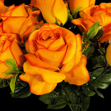 Load image into Gallery viewer, Artificial Flowering Bush 21" Tall Orange Rose Bush with 12 Blooms and silk fern greenery. For memorial, craft supply, home decor, and more!