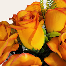 Load image into Gallery viewer, Artificial Flowering Bush 21" Tall Orange Rose Bush with 12 Blooms and silk fern greenery. For memorial, craft supply, home decor, and more!