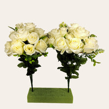Load image into Gallery viewer, 2 Artificial Flowering Bushes 21" Tall Cream Rose Bush with 12 Blooms and greenery. For memorial, craft supply, home decor, and more!