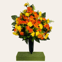 Load image into Gallery viewer, This cemetery cone has grave flowers including orange and yellow mini mums. It is perfect for a funeral or cemetery decoration.