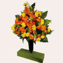 Load image into Gallery viewer, This cemetery cone has grave flowers including orange and yellow mini mums. It is perfect for a funeral or cemetery decoration.