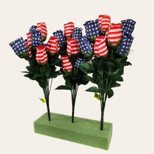 Load image into Gallery viewer, This is a Lot of 3-- 17", 11 bloom Stars and Stripes Patriotic Silk Rosebud Bushes that makes a great floral craft supply!!