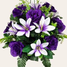 Load image into Gallery viewer, Purple Rose and White Lily Cemetery Hanging Basket