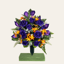 Load image into Gallery viewer, This cemetery cone has grave flowers including purple Calla Lily and Roses and Orange Tweedia. It is a perfect spring memorial decoration.