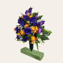 Load image into Gallery viewer, This cemetery cone has grave flowers including purple Calla Lily and Roses and Orange Tweedia. It is a perfect spring memorial decoration.