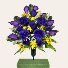 Load image into Gallery viewer, This cemetery cone has grave flowers including purple Calla Lily and Roses and Yellow Tweedia. It is a perfect spring memorial decoration.