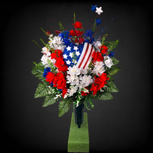 Load image into Gallery viewer, This cemetery cone has grave flowers including Red, White, & Blue Larkspur and American Flag heart. It is a patriotic memorial decoration.