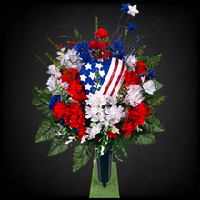 Load image into Gallery viewer, This cemetery cone has grave flowers including Red, White, & Blue Larkspur and American Flag heart. It is a patriotic memorial decoration.