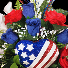 Load image into Gallery viewer, This patriotic memorial cemetery cone has grave flowers including red, white, and blue calla lilies & roses and American flag heart.