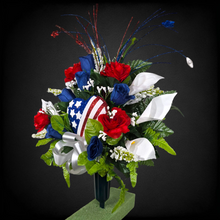 Load image into Gallery viewer, This patriotic memorial cemetery cone has grave flowers including red, white, and blue calla lilies & roses and American flag heart.