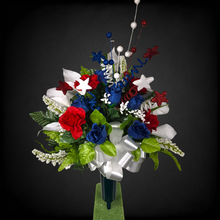 Load image into Gallery viewer, This patriotic memorial cemetery cone has grave flowers including red, white, and blue calla lilies & roses and glitter stars.