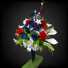 Load image into Gallery viewer, This patriotic memorial cemetery cone has grave flowers including red, white, and blue calla lilies & roses and glitter stars.